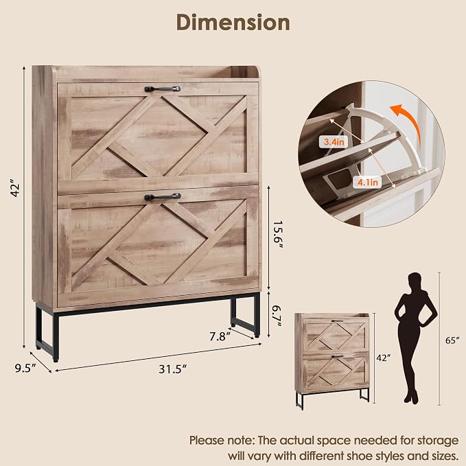 Nicetree Shoe Cabinet with 2 Flip Drawers，Freestanding Shoe Storage Cabinet, Narrow Shoe Organizer Cabinet, Farmhouse Slim Shoe Rack Cabinet for Entryway,Toasted Oak - Image 2
