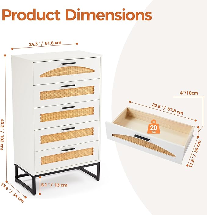 Mericonia 5 Drawer Rattan Dresser for Bedroom, Wood Tall Dresser for Closet with Metal Handles, Boho Nightstand Sets, Dressers & Chests of Drawers for Bedroom, Hallway and Entryway, White
