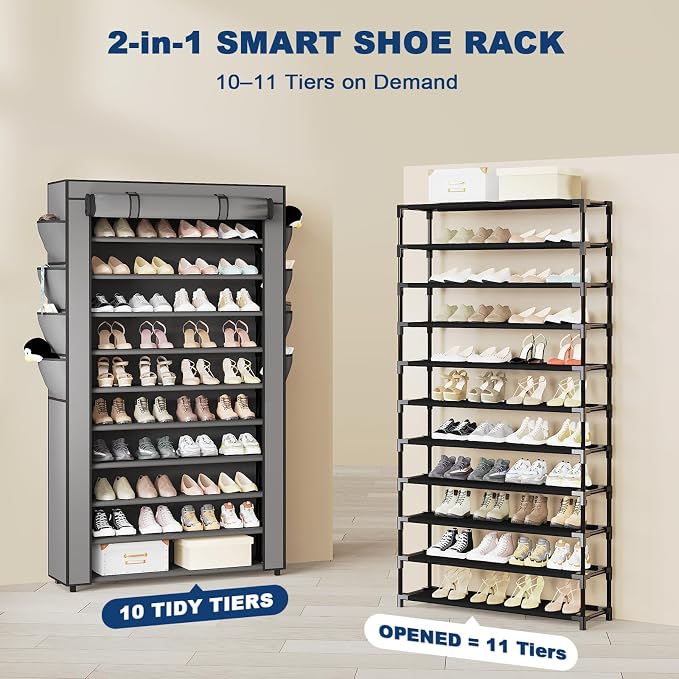 Mavivegue Shoe Rack with Cover, 10+1 Tier Tall Shoe Storage for 50-55 Pairs of Shoes, Shoe Organizer for Entryway, Closet, Garage, Grey - Image 4