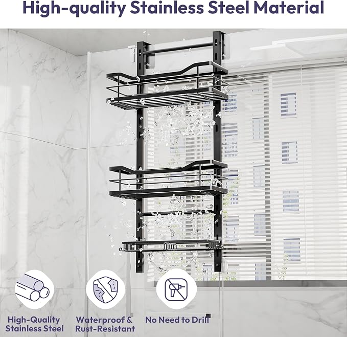 SWTYMIKI Over the Door Shower Caddy - 3 Tier Adjustable Shower Organizer Hanging with Soap Holder, No Drilling Stainless Steel Bathroom Rack Hanging for Body Wash, Shampoo, Soap, Razor, Black - Image 6