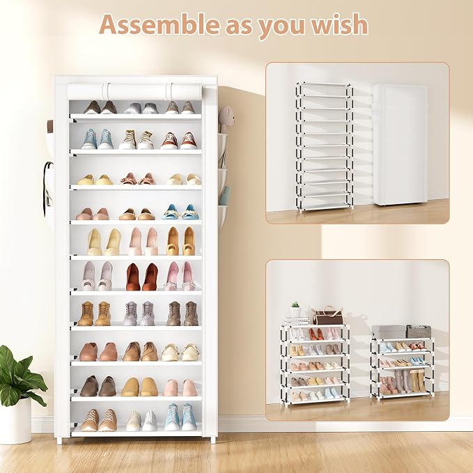 VTRIN Vertical Narrow Shoe Rack Organizer Tall Shoe Rack for Closet Entryway 10 Tier Non-Woven Cover Shoe Shelf Holds 36-41 Pairs Free Standing Shoe Storage Cabinet with Dustproof Cover, White - Image 5