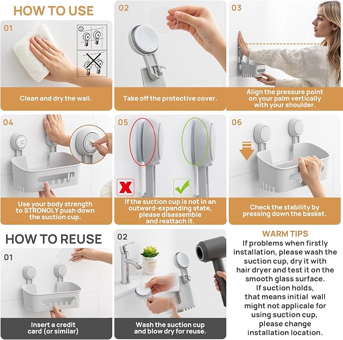 LEVERLOC Shower Caddy Suction Cup Set Shower Organizer & Soap Holder & Toothbrush Holder, Bathroom Shelf Basket NO-Drilling, Removable Suction Storage Waterproof Bathroom Caddy, Gray - Image 5