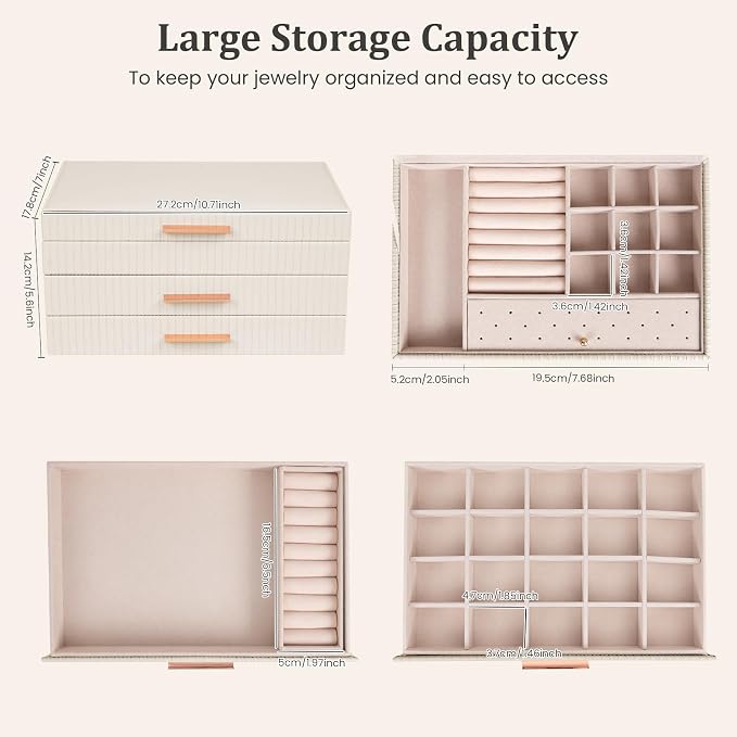 Dajasan Jewelry Box Organizer, 3-Tier Jewelry Storage Organizer with 2 Drawers, Large Jewelry Boxes for Women, PU Leather Surface with Texture, Gift Idea, Modern Style (Beige) - Image 2