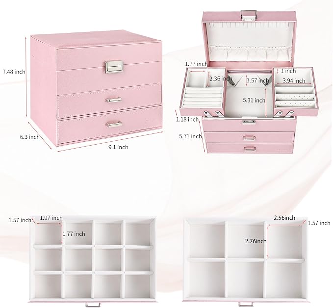 Dajasan Jewelry Boxes for Women Girls, Jewelry Storage Organizer, 4 Layers Large Jewelry Organizer Box with 2 Drawers for Friends, Wife or Mother Gift (Pink) - Image 3