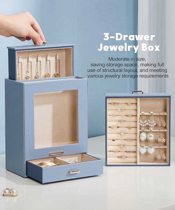 Homde Jewelry Organizer Girls Women Jewelry Box for Necklaces Rings Earrings Gift Bracelets Storage Case (Grey Blue + Gold) - Image 8