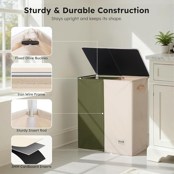 SOLEDI Large Double Laundry Hamper with Lid, Collapsible Clothes Hamper 2 section with Removable Bags, Space-Saving Laundry Basket for Bedroom, Dorm, College - Image 6