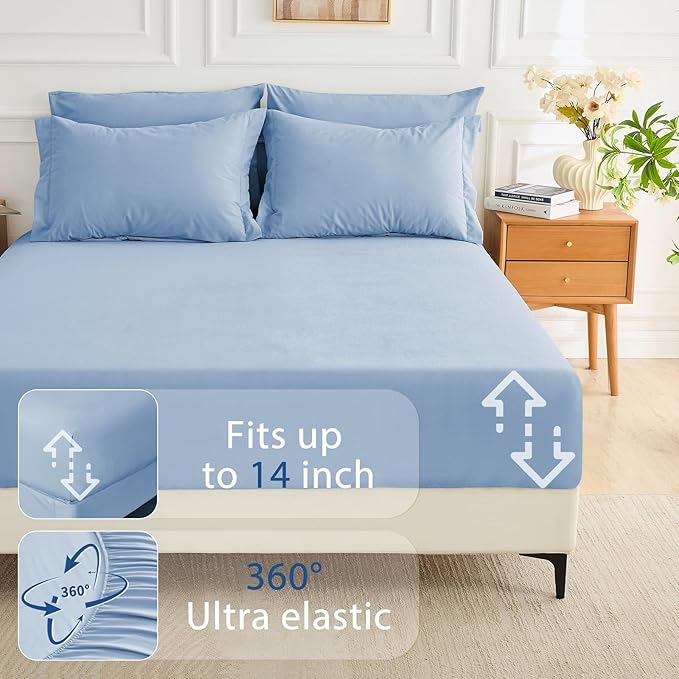 MUXHOMO 7 Pieces Queen Comforter Set, Soft Bed in a Bag Queen Size, All Season Bedding Set with Comforter, Flat Sheet, Fitted Sheet, Pillowcases & Shams, Greyish Blue