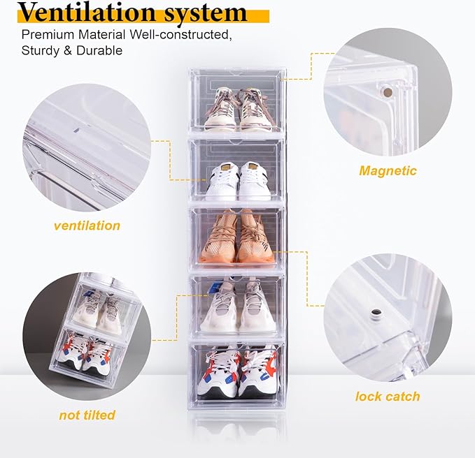Attelite Shoe Box,Set of 6,Stackable Plastic Clear Shoe Box Organizer with Magnetic Door,Shoe Storage Box Thicken Sturdy,Easy Assembly,Fit up to US Size 12,Black - Image 4