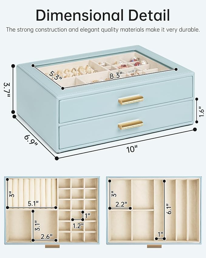 AKOZLIN Jewelry Box with Clear Lid Functional Leather Jewelry Storage Organizer Case 2 Drawers for Women Girls Necklace Ring Bracelet Earring - Image 4
