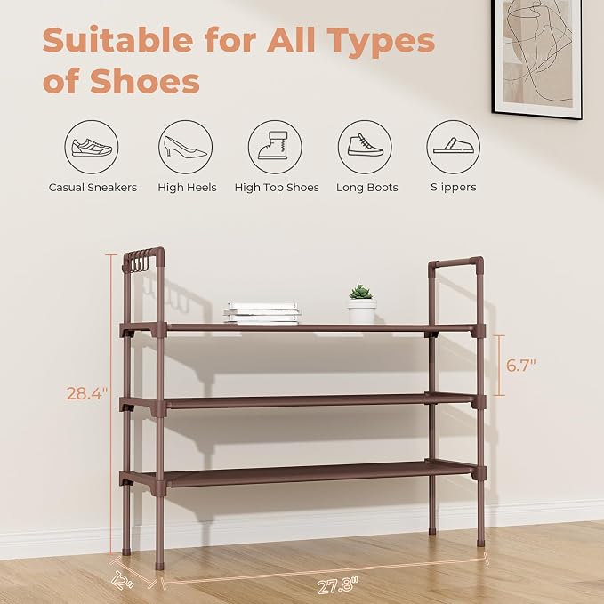 LANTEFUL 3 Tier Shoe Rack for Closet Shoe Organizer with 5 Hooks, Long Shoe Shelf Storage for Shoe and Boot Stackable Free Standing Shoe Rack for Entryway, Garage, Small Spaces, Dorm, Brown - Image 3
