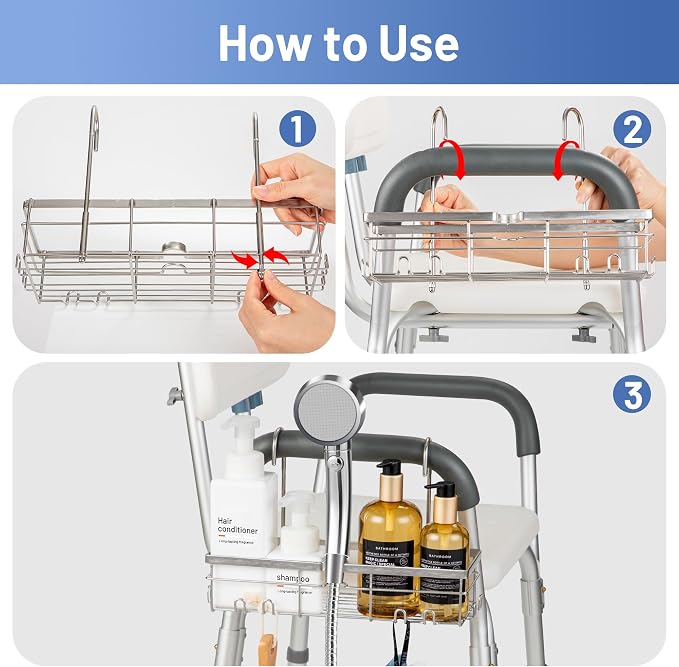 YUOROS Shower Caddy Hanging, 304 Stainless Steel Shower Organizer Rack for Shower Chair Bench for Elderly Seniors Disabled Handicap - Image 8
