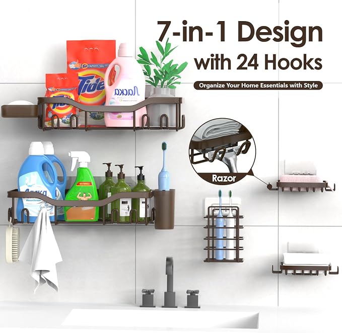 NESOMI Shower Caddy Adhesive Shower Organizer 7-Pack, Rustproof Stainless Steel Bathroom Shelves, Large Capacity No-Drill Rack Storage Accessories with Soap Dish Toothbrush Holder Hooks - Image 4
