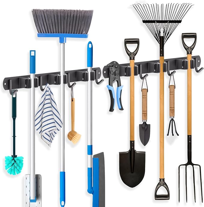 ZONGOOL 2 Pack Mop Broom Holder Wall Mount, Broom Organizer Storage Tool Racks Stainless Steel Self Adhesive Heavy Duty Hooks for Home Kitchen Garden (3 Racks with 4 Hooks, Black) by ZONGOOLHouseware
