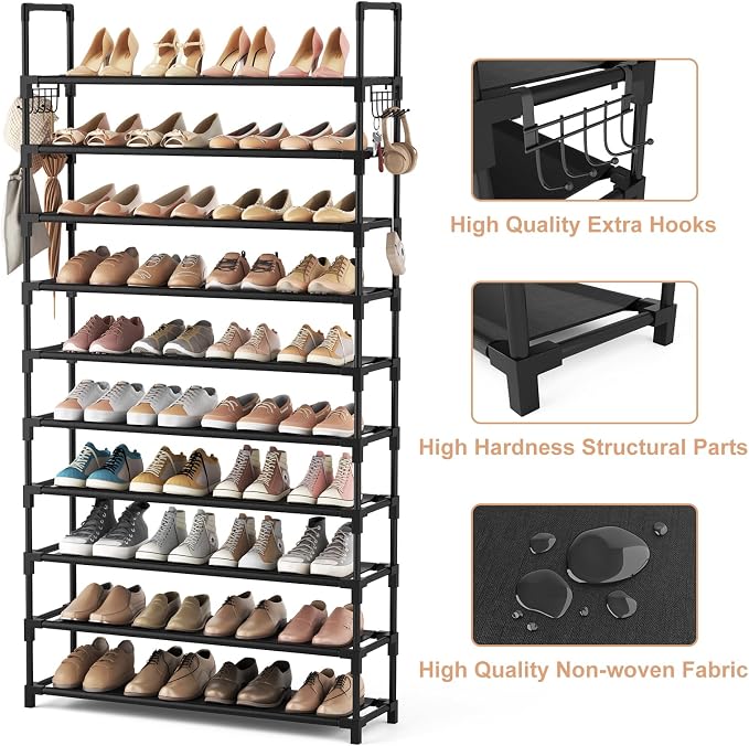 VTRIN 10 Tier Shoe Rack Tall Large Capacity Wide Shoe Organizer with Two Hooks Sturdy Metal Shoe Shelf for Entryway, Closet, Bedroom - Image 4