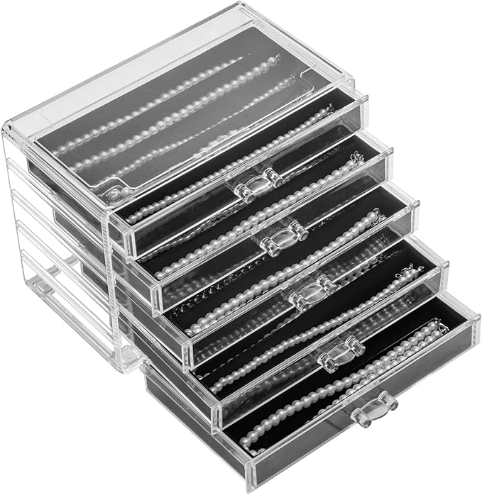 YUFONG Necklace Holder Organizer, Dustproof Necklace Box Velvet Necklace Organizer Box with Lid Clear Acrylic Dustproof Stackable Jewelry Displays for Necklaces Chain Display (Black, 5 Drawer) by YUFONG