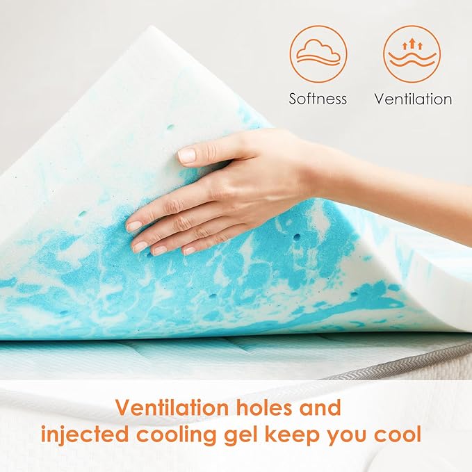 Sweetcrispy Mattress Topper King, 3 Inch Thick Memory Foam Gel Infused Cooling Toppers Pad for King Size Bed, Sleeper Sofa, RV, Camper, CertiPUR US Certified, Ventilated and Breathable