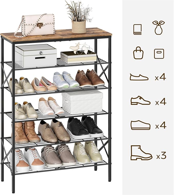 YATINEY 6-Tier Shoe Rack, Shoe Storage Organizer for Closet, Free Standing Shoe Organizer with Metal Mesh Shelves, 24 Pairs of Shoes, Rustic Brown and Black SS06BR - Image 4