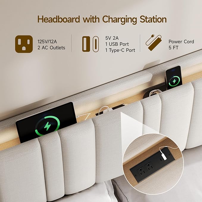 ONBRILL Queen Size Headboard with Storage, LED Light, Linen Vertical Wingback Headboard with Charging Station, Upholstered Head Board Queen w/High-Density Sponge Padding, 2 Storage Pockets, Off White