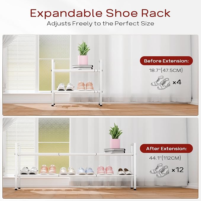 Bumusty 2-Tier Long Expandable Shoe Rack for Closet, 18"-44" Adjustable Shoe Rack for Entryway, 10-12 Pairs Large Shoe Organizer Shelf Storage, Sturdy Metal, White - Image 5