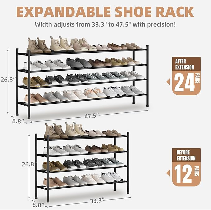 STORAGE MANIAC Long Expandable Shoe Rack, 24 Pairs Metal Wide Stackable Shoe Rack, Adjustable Shoes Shelf, Freestanding Shoes Organizer for Closet, Entryway, Hallway, Garage, Front Door, 4 Tiers - Image 2