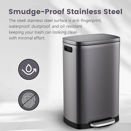 ELPHECO Kitchen Trash Can with Lid Soft Close, 13 Gallon / 50L Stainless Steel Pedal Garbage Can, Heavy-Duty Step Wastebasket with 20 Bags, Removable Bucket, Home Office, Titanium Silver - Image 7