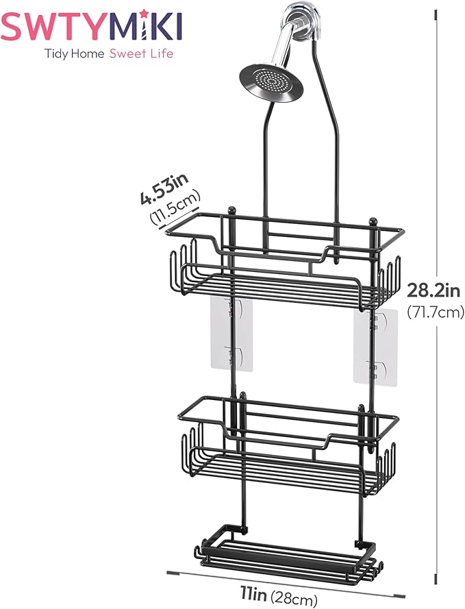 SWTYMIKI Bathroom Shower Caddy Hanging - 3 Tier Rustproof Over Shower Head Organizer, No Drilling Bathroom Shelf with 16 Hooks & Soap Holder, Anti-Swing Rack for Shampoo,Sponge,Towel, Black, Medium - Image 8