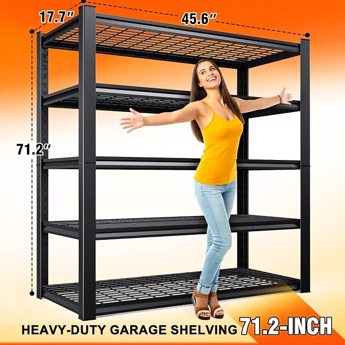 2 Pack-46 ''W Storage Shelves, 71‘’H Garage Shelving, Adjustable Garage Shelves, 3000lbs Heavy Duty Shelving ,5 Tier Garage Storage Shelves,Easy-To-Install Metal Shelf Storage Rack Shelving Unit - Image 3