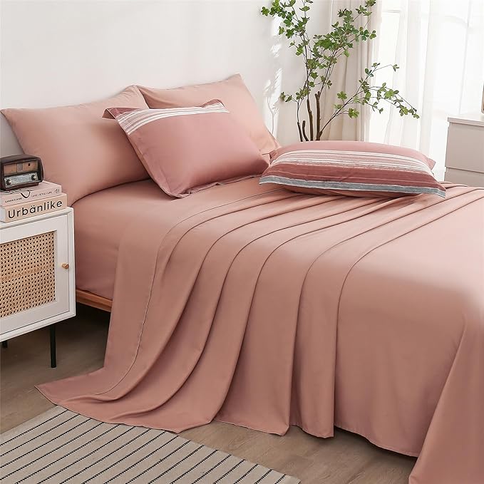 KAKIJUMN 7 Piece Bed in a Bag Stripe Comforter Set Queen Size, White Grey Blush Pink Patchwork Striped Comforter and Sheet Set, All Season Soft Microfiber Complete Bedding Sets(Pink,Queen)