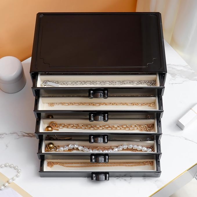 YUFONG Necklace Holder Organizer, Dustproof Necklace Box Velvet Necklace Organizer Box with Lid Clear Acrylic Dustproof Stackable Jewelry Displays for Necklaces Chain Display (Black Beige, 5 Drawer) - Image 4