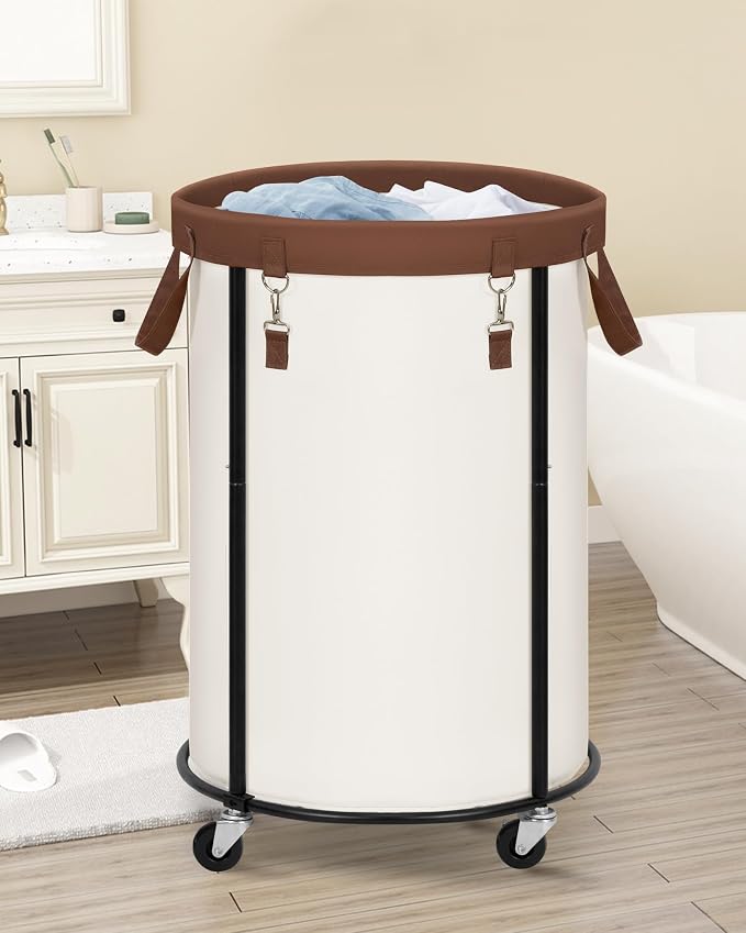 STORAGE MANIAC Rolling Laundry Hamper with Wheels 110L Laundry Basket, Round Laundry Cart with Metal Frame and Removable Bag, Clothes Hamper for Bedroom, Bathroom, Dorm Room, Laundry Room, Beige - Image 6