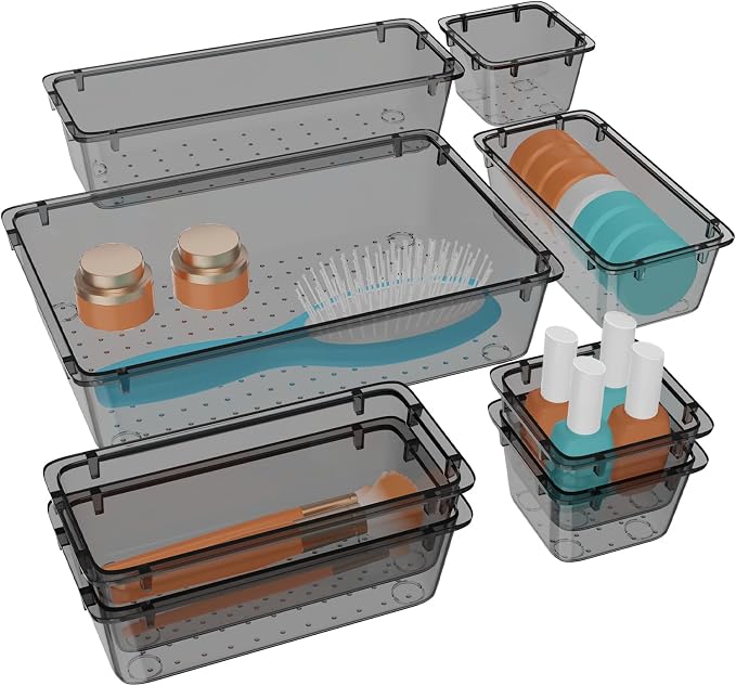 WOWBOX 8 PCS Clear Plastic Drawer Organizer Set, 4 Sizes Desk Drawer Organization and Storage Containers for Makeup, Cosmetics, Jewelry and Gadgets in Kitchen, Bathroom, Bedroom, Office, Clear Black by WOWBOX