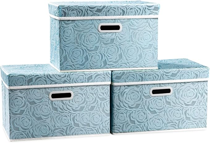 PRANDOM Collapsible Storage Cubes with Lids Fabric Decorative Storage Bins Boxes Organizer Containers Baskets with Cover Handles for Bedroom Closet Living Room 14.9x9.8x9.8 Inch 3 Pack by Prandom
