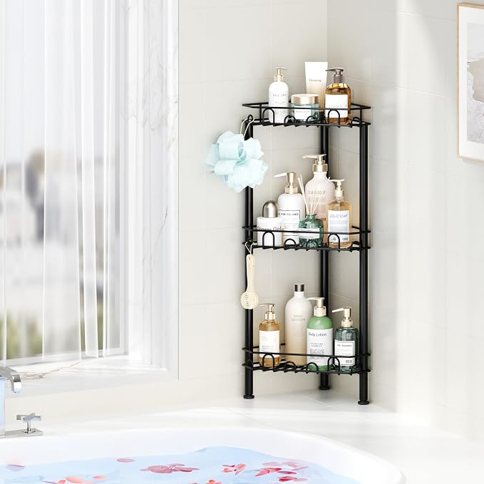 SWTYMIKI Standing Shower Caddy Corner - 3‑Tier Stainless Steel Shower Organizer Shelf with 12 Hooks and Adhesive Pads, Rustproof Corner Shelves Stand Rack for Bathroom Shower Room, Black - Image 5