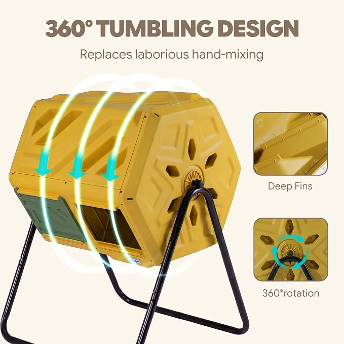 Werph Updated 43 Gallon Dual-Chamber Compost Bin, Fast Assembly Outdoor Compost Tumbler, Rotating Batch Composter Bin with Gloves for Garden, Kitchen, and Yard - Image 6