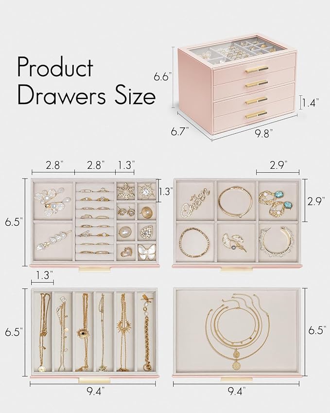 Vlando 4 Layer Jewelry Box for Women, Glass Lid Jewelry Organizer with 4 Drawers for Necklaces Rings Earrings Bracelets - Dark Pink - Image 3