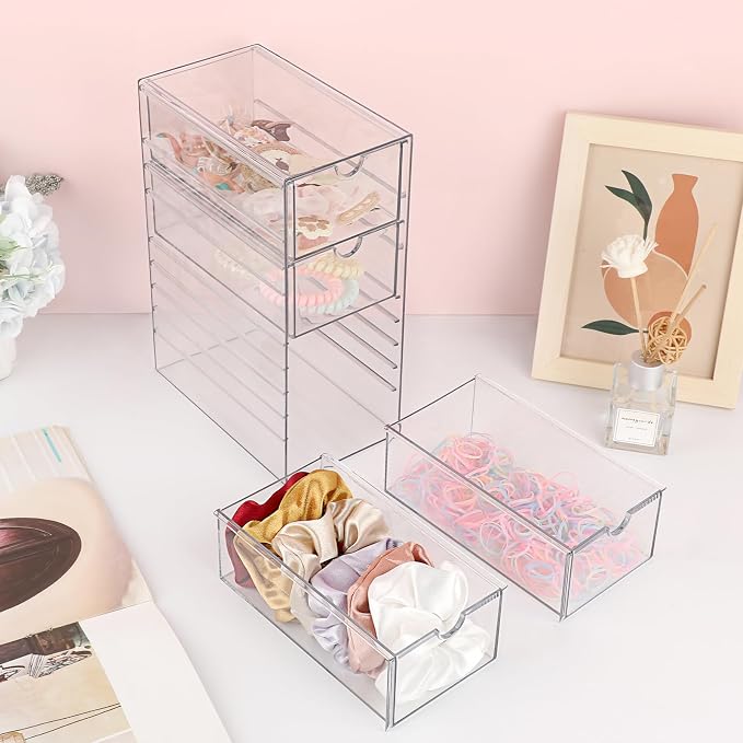 Hipiwe Plastic Drawer Organizer Clear Hair Accessories Organizer Box with 4 Pull Out Drawer Compact Storage Box for Cabinet Vanity Bathroom Pantry Office or Closet Organization - Image 2