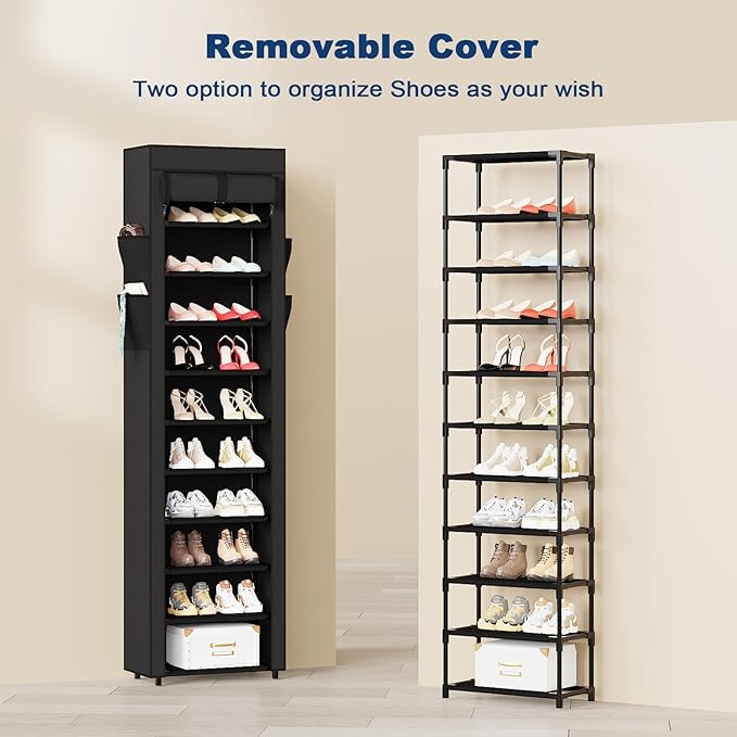 Mavivegue Shoe Rack with Cover, 10 Tier Tall Shoe Organizer for 18-22 Pairs of Shoes, Shoe Organizer with 4 Side Pockets, Shoe Cabinet for Entryway, Closet - Image 4