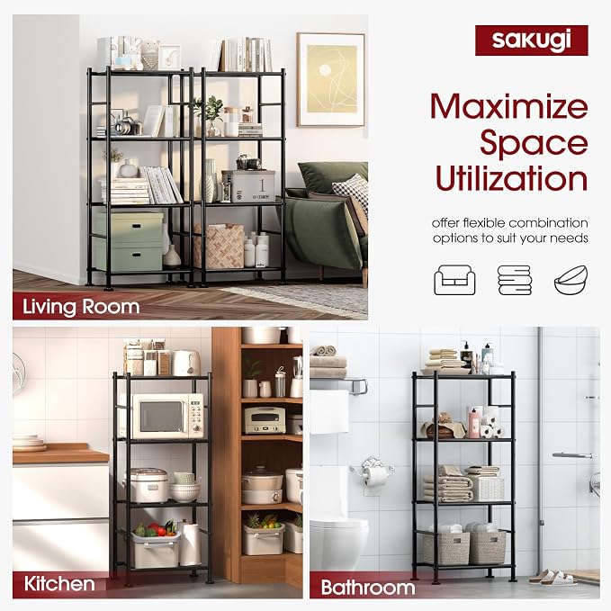 Sakugi Storage Shelves - Set of 2, 4-Tier Metal Shelf Organizer, Space-Saving Garage Shelving with Leveling Feet, Standing Shelves Organizer for Kitchen, Laundry, Pantry (18.1"x12.3"x44.1", Black) - Image 4