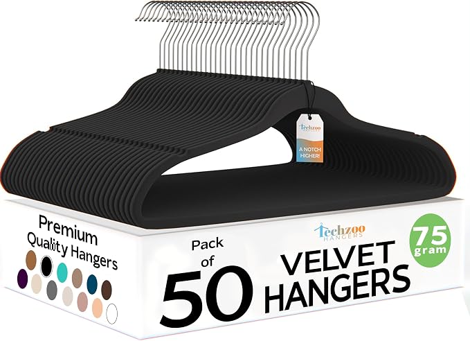 Techzoo 50 Pack New Premium Quality Velvet Hangers Ultra Thin Non Slip Adult Felt Space Saving Hangers for Closet Heavy Duty Coat Pants Jackets Dress Hangers 360° Swivel Hook Hold Upto 10 lbs Black by TECHZOO