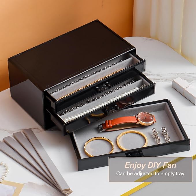 YUFONG Necklace Holder Organizer, Dustproof Necklace Box Velvet Necklace Organizer Box with Lid Clear Acrylic Dustproof Stackable Jewelry Displays for Necklaces Chain Display (Black Gray, 3 Drawer) - Image 4