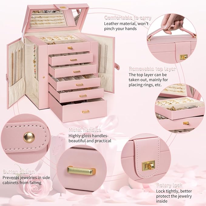 AKOZLIN 6-Tier Jewelry Box Organizer Functional Leather Jewelry Storage Case for Women Girls Ring Necklace Earring Bracelet Holder Organizer with Mirror - Image 2