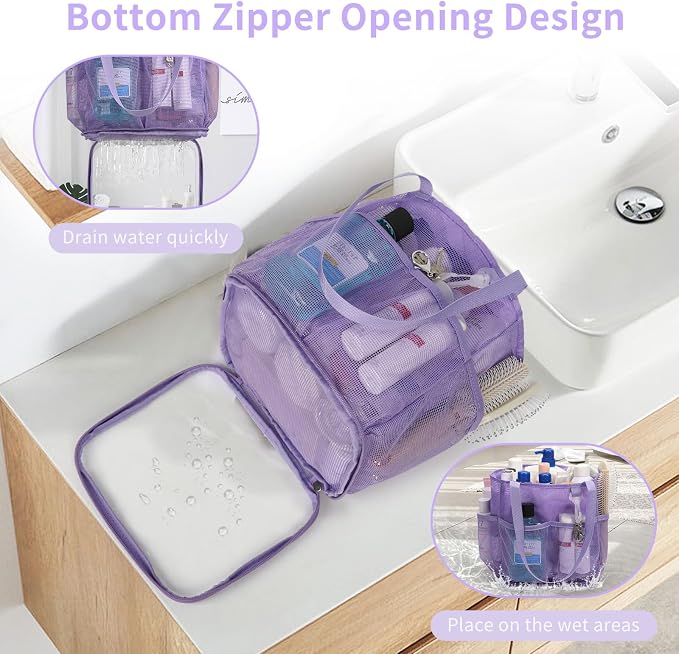 Mesh Shower Caddy Portable for College Dorm Room Essentials, Shower Tote Bag with Hanging Hook and Drawstring, Quick Dry Toiletry Bag with 6 Pockets for Bathroom, Swimming, Gym, Camping, Beach, Travel - Image 3