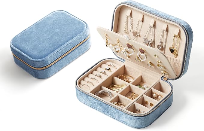 CASEGRACE Plush Velvet Travel Jewelry Box, Portable Jewelry Case for Women Girls, Double Layer Jewelry Organizer Display Box for Necklace Earring Rings Bracelet, Travel Accessory Gifts, blue by Casegrace
