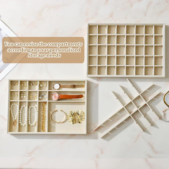 Large Velvet Jewelry Tray 2 Pack Stackable Jewelry Display Drawer Inserts Trays Organizer for Earring Bracelet Necklace Ring (Beige, 40 Grids) - Image 3