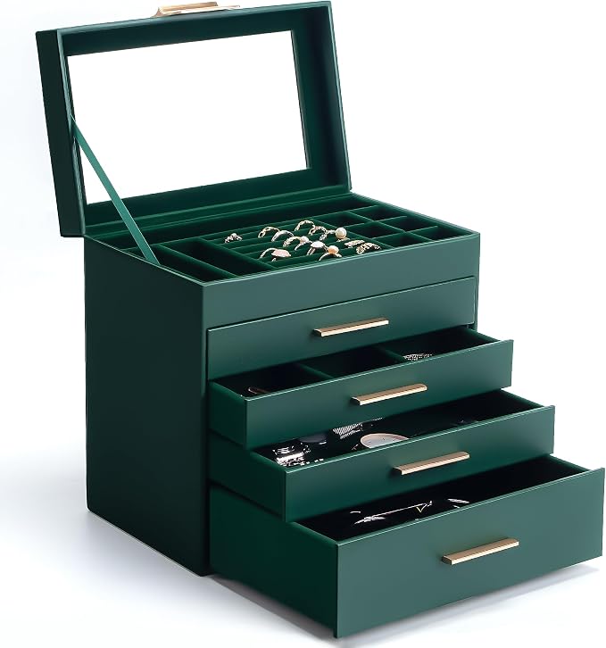 Somduy Jewelry Box, 5 Layers Jewelry Storage Display Box with Glass Lid for Women, 4 Drawers,Large Capacity for Necklace Earrings Bracelets Rings, Green - Image 8