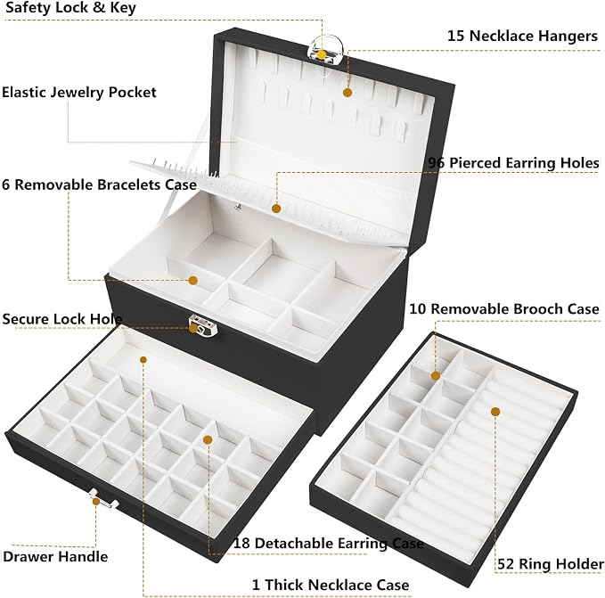 QBestry Earring Jewelry Box for Women Girls Stud Organizer, 5 Layers Black Jewelry Organizer Box With Lock Necklaces and Earrings Holder Jewelry Box with Earring Organizxer for Women Girls Xmas Gifts - Image 7