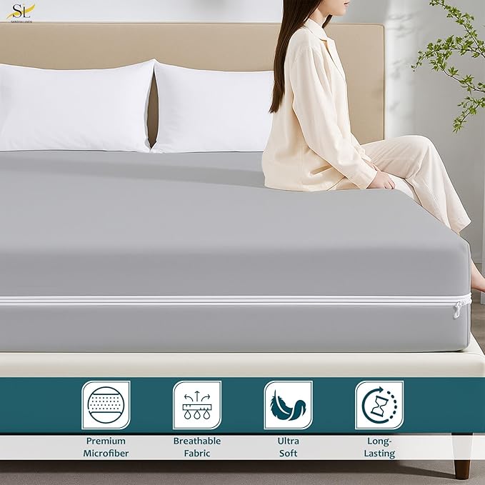 Mattress Protector California King Size 100% Waterproof Zippered Cover, 15 Inches Deep, Six-Sided Mattress Encasement for Bed, Zipper Closure Style (Light Grey)