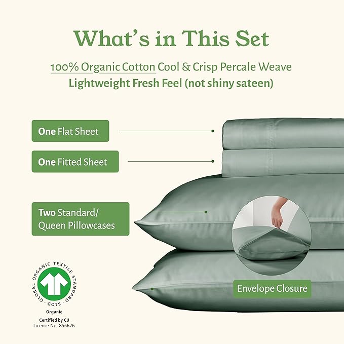 California Design Den Deep Pocket Full Size Sheets Set - Soft 100% Organic Cotton, Crisp and Cool Percale Sheets, Deep Pockets with Anti-Skid Elastic, Breathable and Durable Bedding Set - Sage Green