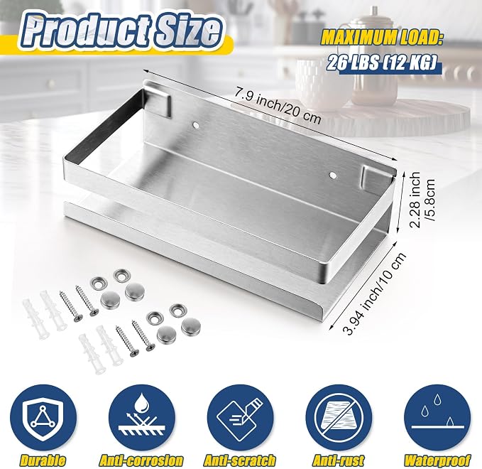 Lallisa 2 Pieces Stainless Steel Shelf Bathroom Shower Floating Shelves Wall Mounted Shower Caddy Basket Shelf Storage Organizer Shelves for Bathroom, Kitchen, Living Room(7.87 Inches/ 20 cm,Silver) - Image 3