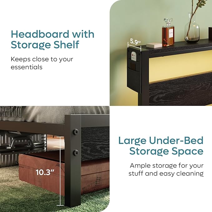 Bestier Queen Size Bed Frame with Headboard and Charging Station, Black Queen Bed Frame with LED Light, Non-Slip Platform Bed Frame Queen Size, Noise-Free, Easy Assembly, Black